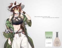 Rule 34 | 1girl, absurdres, animal ears, arknights, arm at side, arm up, aviator sunglasses, bare shoulders, belt, belt buckle, black-framed eyewear, breasts, buckle, cleavage, closed mouth, clothing cutout, cowboy shot, crop top, ears through headwear, english text, fake ad, green eyes, green jacket, grey hair, hair ornament, hand in own hair, hat, highres, horse ears, jacket, jia redian ruzi ruzi, large breasts, looking at viewer, meteor (arknights), meteor (bard&#039;s holiday) (arknights), midriff, multicolored hair, navel, off shoulder, official alternate costume, open clothes, open jacket, pants, ponytail, short hair with long locks, short ponytail, shoulder cutout, simple background, smile, solo, star (symbol), star hair ornament, stomach, sunglasses, sunlight, sweatband, tinted eyewear, two-tone hair, white background, white hat, white pants, yellow-tinted eyewear, yellow-tinted glasses