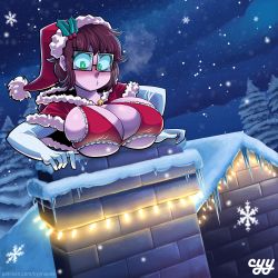 Rule 34 | 1girl, blush, bra, breasts, brown hair, chimney, christmas, cleavage, closed mouth, cyynapse, elbow gloves, ellie (cyynapse), gloves, green eyes, highres, house, large breasts, looking away, night, original, outdoors, rectangular eyewear, red bra, santa costume, short hair, snow, snowflakes, snowing, solo, underwear, white gloves