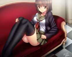 Rule 34 | 1girl, black thighhighs, couch, green eyes, highres, no shoes, red upholstery, school uniform, serafuku, short hair, sitting, solo, thighhighs, zeshgolden
