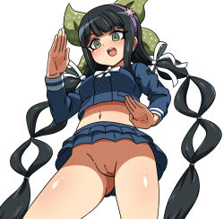 Rule 34 | 10s, 1girl, black hair, blunt bangs, braid, chabashira tenko, cleft of venus, cowboy shot, danganronpa (series), danganronpa v3: killing harmony, eyelashes, fighting stance, from below, green eyes, hair ribbon, hairband, kevin.g.tuck, long hair, looking at viewer, looking down, midriff, mole, mole under mouth, multi-tied hair, no panties, pleated skirt, pussy, ribbon, school uniform, simple background, skirt, smile, solo, twin braids, twintails, uncensored, very long hair, white background