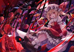 Rule 34 | 1girl, :d, absurdres, apple, ascot, bat (animal), blonde hair, bobby socks, bow, cloud, commentary request, crystal, dress, fang, flandre scarlet, flat chest, flower, food, frilled cuffs, frilled shirt collar, frills, fruit, full body, full moon, hat, hat ribbon, highres, holding, holding food, holding fruit, huge filesize, indoors, kure~pu, looking at viewer, mary janes, medium hair, mob cap, moon, night, one side up, open mouth, petals, petticoat, puffy short sleeves, puffy sleeves, red eyes, red ribbon, red skirt, red vest, ribbon, rose, shoes, short sleeves, sitting, skirt, smile, socks, solo, touhou, vest, white bow, white hat, window, wings, yellow ascot