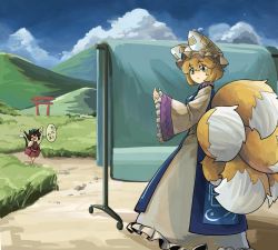 Rule 34 | 2girls, animal hat, blonde hair, blue sky, chen, cloud, cloudy sky, day, dress, fox tail, grass, hat, highres, mob cap, mountain, multiple girls, multiple tails, nature, onionmay, outdoors, mob cap, short hair, sky, tabard, tail, touhou, white dress, wide sleeves, yakumo ran