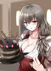 Rule 34 | 1girl, ahoge, black bra, blueberry, bra, bra peek, bracelet, breasts, cake, chocolate cake, cleavage, collarbone, collared shirt, commentary request, food, fruit, girls&#039; frontline, grey hair, hair ornament, hair over shoulder, hair scrunchie, happy valentine, helianthus (girls&#039; frontline), highres, jewelry, large breasts, long hair, looking at viewer, monocle, scrunchie, shirt, solo, strawberry, take (trude1945oneetyan), underwear, upper body, valentine, white scrunchie, white shirt, yellow eyes