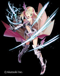 Rule 34 | 1girl, armor, armored boots, armored dress, black background, blonde hair, boots, breasts, cleavage, clenched hand, full body, gaou (umaiyo puyoman), gauntlets, highres, multicolored hair, official art, one eye closed, open mouth, pink hair, smile, solo, thousand memories, underboob