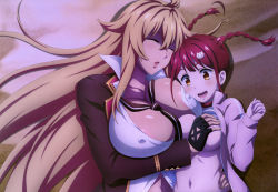 Rule 34 | 10s, 2girls, absurdres, blonde hair, blush, breasts, brown eyes, cleavage, closed eyes, covered erect nipples, dark-skinned female, dark skin, drooling, fingerless gloves, gloves, grabbing, grabbing another&#039;s breast, gradient background, hair ornament, hairclip, highres, huge breasts, kaneko hiraku, long hair, multiple girls, navel, necktie, no bra, non-web source, nyantype, official art, open mouth, red hair, saliva, shikishima mirei, short twintails, sleeping, smile, tokonome mamori, twintails, valkyrie drive, valkyrie drive -mermaid-, yuri