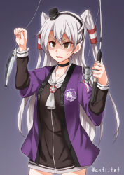Rule 34 | 1girl, amatsukaze (kancolle), anchor symbol, anti (untea9), arms up, black choker, black dress, black hairband, black hat, blush, brown eyes, choker, clothes writing, commentary request, cowboy shot, crossed bangs, dress, fish, fishing line, fishing rod, gradient background, grey background, grey neckerchief, hair between eyes, hair tubes, hairband, happi, hat, highres, holding, holding fishing rod, innertube, japanese clothes, kantai collection, laurels, layered sleeves, logo, long hair, long sleeves, mini hat, mini top hat, neckerchief, open mouth, sailor collar, sailor dress, saury, shaded face, ship, short dress, short over long sleeves, short sleeves, silver hair, solo, sweatdrop, swim ring, top hat, twitter username, two side up, v-shaped eyebrows, very long hair, watercraft