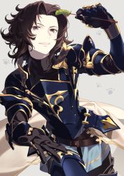 Rule 34 | 10s, 1boy, akiyoshi haru, armor, black gloves, black hair, blue armor, blue eyes, gloves, granblue fantasy, lancelot (granblue fantasy), looking at viewer, male focus, outstretched hand, parted bangs, parted hair, paw print, smile, solo, turtleneck