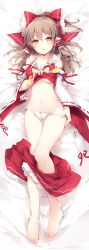 Rule 34 | 1girl, arm ribbon, bare legs, bare shoulders, barefoot, bed sheet, blush, bow, bow panties, breasts, brown hair, clothes pull, collarbone, commentary request, detached sleeves, frilled shirt collar, frills, full body, groin, hair bow, hair tubes, hakurei reimu, half updo, lifting own clothes, long hair, long sleeves, looking at viewer, lying, medium breasts, miniskirt, mochizuki shiina, navel, on back, panties, panty pull, parted lips, petticoat, pulling own clothes, red bow, red ribbon, ribbon, ribbon-trimmed sleeves, ribbon trim, sidelocks, skirt, skirt pull, smile, solo, stomach, thighs, touhou, underboob, underwear, white panties, wide sleeves, yellow bow, yellow eyes
