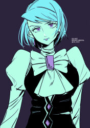 Rule 34 | 1girl, ace attorney, black vest, bow, brooch, closed mouth, earrings, eyelashes, franziska von karma, jewelry, juliet sleeves, limited palette, long sleeves, looking at viewer, mole, mole under eye, puffy sleeves, purple eyes, rat nkmi, short hair, simple background, solo, twitter username, upper body, vest