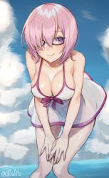 Rule 34 | 1girl, bent over, black-framed eyewear, blue sky, breasts, cleavage, cloud, day, dress, fate/grand order, fate (series), glasses, hair between eyes, hair over one eye, hands on own knees, large breasts, looking at viewer, mash kyrielight, mash kyrielight (swimsuit of perpetual summer), ocean, official alternate costume, outdoors, pink hair, purple eyes, purple ribbon, ribbon, short dress, short hair, sideboob, sky, sleeveless, sleeveless dress, smile, solo, sundress, twitter username, white dress, you06