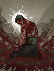 Rule 34 | 1boy, blood, blood on clothes, blood on face, blood on ground, earrings, full body, green hair, halo, haramaki, highres, jewelry, kneeling, male focus, one piece, profile, roronoa zoro, shirt, short hair, sideburns, signature, solo, straw hat pirates, toboldlymuppet, torn clothes, torn shirt