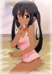 Rule 34 | 1girl, arm support, bad id, bad pixiv id, bare shoulders, black hair, blush, brown eyes, casual one-piece swimsuit, image sample, k-on!, long hair, nakano azusa, one-piece swimsuit, open mouth, pink one-piece swimsuit, pixiv sample, sitting, solo, sweat, swimsuit, tan, tears, twintails, yamasaki wataru