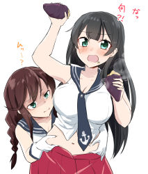 Rule 34 | 10s, 2girls, agano (kancolle), anchor symbol, belly grab, black hair, blush, braid, breasts, brown hair, cleavage, collarbone, commentary request, eating, food, food on face, gloves, green eyes, highres, kantai collection, large breasts, long hair, minatasiro, multiple girls, necktie, noshiro (kancolle), open mouth, pleated skirt, red skirt, roasted sweet potato, school uniform, serafuku, shirt, skirt, sleeveless, sleeveless shirt, sweet potato, translation request, white gloves, roasted sweet potato