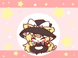 Rule 34 | 1girl, :3, animal ears, blonde hair, blush stickers, bow, cat ears, cat girl, chibi, clenched hands, closed eyes, female focus, hair bow, hat, hat bow, kemonomimi mode, kirisame marisa, long hair, meme, ritateo, solo, star (symbol), tail, touhou, witch, witch hat