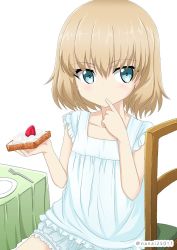 Rule 34 | 10s, 1girl, blonde hair, blue eyes, bread slice, casual, chair, commentary, dress, finger to mouth, food, fork, frilled dress, frills, fruit, girls und panzer, holding, holding food, katyusha (girls und panzer), looking at viewer, one-hour drawing challenge, plate, shibagami, short dress, short hair, simple background, sitting, sleeveless, sleeveless dress, solo, strawberry, table, tablecloth, toast, twitter username, whipped cream, white background, white dress, wooden chair