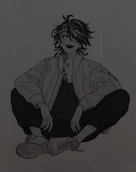Rule 34 | 1boy, al20 tr, bell, earrings, full body, greyscale, hair over one eye, hanemiya kazutora, highres, jacket, jewelry, long hair, long sleeves, male focus, mole, mole under eye, monochrome, neck tattoo, one eye covered, open mouth, pants, shirt, shoes, simple background, single earring, sitting, smile, solo, spot color, tattoo, tokyo revengers, yellow eyes