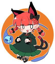Rule 34 | 1girl, animal ears, black bow, black footwear, blush, bow, cat ears, cat tail, dress, extra ears, frilled dress, frills, full body, green dress, ini (inunabe00), kaenbyou rin, long hair, long sleeves, multiple tails, open mouth, red hair, shoes, smile, solo, tail, touhou, twintails, two tails