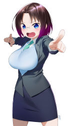 Rule 34 | 1girl, absurdres, arms up, black hair, blazer, blue eyes, blue sweater, breasts, collared shirt, dragon girl, elma (maidragon), forehead, green necktie, hands up, highres, jacket, kobayashi-san chi no maidragon, large breasts, legs apart, multicolored hair, necktie, office lady, open clothes, open mouth, parted bangs, pencil skirt, pointing, purple hair, shirt, signature, simple background, skirt, solo, streaked hair, sweater, tochi keisuke, two-tone hair, white background