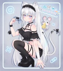 Rule 34 | 1girl, absurdres, animal, animal ears, arm belt, bare shoulders, black choker, black footwear, black shirt, black shorts, black thighhighs, boots, breasts, chest harness, choker, cleavage, crop top, ear piercing, extra ears, frills, hand up, harness, headdress, highres, holding, indie virtual youtuber, long hair, looking at viewer, midriff, mouse (animal), mouse ears, mouse girl, mouse tail, off shoulder, parted lips, piercing, playstation controller, purple eyes, shano hiyori, shirt, short shorts, shorts, single thighhigh, small breasts, solo, squatting, tail, thigh strap, thighhighs, thighs, very long hair, virtual youtuber, white hair, wrist cuffs, yamane nemu (vtuber)