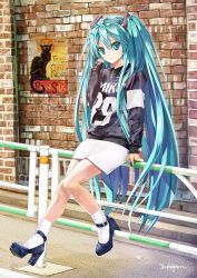 Rule 34 | 1girl, 39, aqua eyes, aqua hair, artist name, bad id, bad pixiv id, black footwear, brick wall, cat, character name, full body, hatsune miku, high heels, highres, jewelry, long hair, looking at viewer, nail polish, necklace, outdoors, railing, shoes, sitting, skirt, socks, solo, takepon1123, twintails, very long hair, vocaloid, white socks
