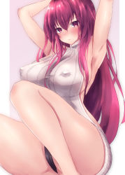 Rule 34 | 1girl, absurdres, armpits, covered erect nipples, fate/grand order, fate (series), highres, meme attire, ribbed sweater, scathach (fate), solo, sweater, virgin killer sweater, yuuki shuri
