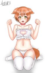 Rule 34 | 1girl, :p, absurdres, animal ears, animal print, artist name, artist request, bare shoulders, bra strap, breasts, brown hair, cat print, choker, cleavage, clenched hands, clothing cutout, collar, collarbone, dog ears, dog tail, female focus, full body, green eyes, hair between eyes, highres, hoshizora rin, looking at viewer, love live!, love live! school idol project, navel, navel cutout, no shoes, orange hair, panties, parted lips, paw pose, red choker, sharp teeth, short hair, small breasts, smile, solo, tail, teeth, tongue, tongue out, underwear, white background, white legwear, white panties, yellow eyes