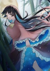 Rule 34 | 1girl, absurdres, bamboo, bamboo forest, black hair, blouse, bow, bowtie, breasts, brown eyes, brown hair, brown skirt, closed mouth, collar, collared shirt, eyes visible through hair, forest, frills, gradient hair, hand up, highres, houraisan kaguya, long hair, long sleeves, looking at viewer, medium breasts, moon, multicolored hair, nature, palulap, pink shirt, shirt, skirt, sky, solo, touhou, white sky, wide sleeves, yellow background, yellow bow, yellow bowtie