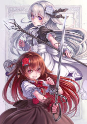 Rule 34 | 2girls, dress, flower, hair flower, hair ornament, highres, holding, holding sword, holding weapon, kosai takayuki, long hair, looking at viewer, looking back, multiple girls, open mouth, puffy short sleeves, puffy sleeves, purple eyes, red eyes, red flower, red hair, red rose, revision, rose, rose-red (snow-white and rose-red), short sleeves, snow-white (snow-white and rose-red), snow-white and rose-red, staff, sword, weapon, white flower, white rose, wrist cuffs