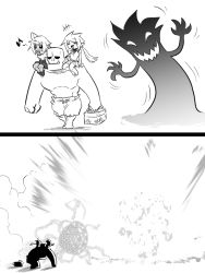 Rule 34 | &gt; &lt;, +++, 1boy, 2girls, ahoge, black sclera, carrying, colored sclera, comic, dark skin, elf, father and daughter, greyscale, ii orc no hi, jin (mugenjin), magic, magic circle, monochrome, mother and daughter, multiple girls, orc, pointy ears, shoulder carry, silent comic, sitting, sitting on person