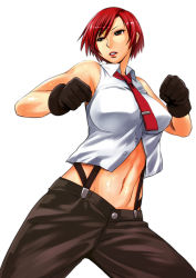 Rule 34 | 1girl, breasts, brown eyes, gloves, kokuriu, large breasts, midriff, navel, necktie, parted lips, red hair, short hair, simple background, snk, solo, suspenders, the king of fighters, vanessa (kof), white background