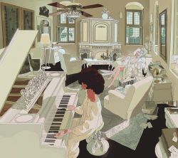 Rule 34 | 2girls, antonio-reinhard, bare legs, barefoot, book, bottle, breasts, breasts apart, brown hair, ceiling fan, cup, dress, drinking glass, glasses, highres, indoors, instrument, lamp, medium breasts, multiple girls, music, no bra, original, piano, piano bench, playing instrument, profile, reflection, sitting, smoking, table, white dress, white hair, wide shot, window, wine glass