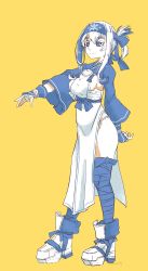 Rule 34 | 1girl, ainu, ainu clothes, arm behind back, bandaged hand, bandaged leg, bandages, bandana, blue eyes, blue hair, boots, breasts, closed mouth, commentary, cropped jacket, dress, folded ponytail, full body, fundoshi, hair between eyes, hair ornament, headband, highres, japanese clothes, kamoi (kancolle), kantai collection, long hair, long sleeves, multicolored hair, nami nami (belphegor-5812), pelvic curtain, reaching, reaching towards viewer, rudder footwear, sash, shaded face, sideboob, sidelocks, simple background, sleeveless, sleeveless dress, smile, solo, thick eyebrows, thigh boots, thighhighs, twitter username, white dress, white hair, wrist guards, yellow background