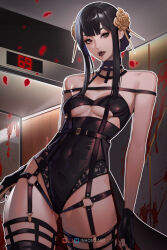 Rule 34 | 1girl, artist name, bare shoulders, black gloves, black hair, black leotard, blood, blood on wall, breasts, capelet, choker, contrapposto, covered navel, cowboy shot, elevator, eyeshadow, falling petals, fingerless gloves, flower, garter straps, gloves, gluteal fold, hair flower, hair ornament, hair stick, harness, highres, holding, holding weapon, indoors, inhoso, instagram logo, lace-trimmed leotard, lace trim, leotard, lips, lipstick, long hair, looking at viewer, makeup, medium breasts, o-ring, o-ring harness, outline, patreon logo, petals, red eyes, red lips, sidelocks, solo, spy x family, standing, thighs, tight clothes, twitter logo, twitter username, underboob, weapon, white outline, yor briar