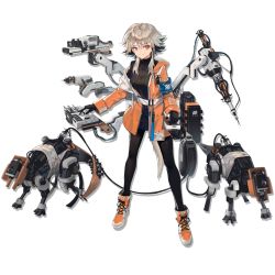 Rule 34 | ahoge, arknights, armband, controller, earpiece, eyeliner, gloves, grey eyes, hood, hoodie, huanxiang heitu, jacket, looking to the side, makeup, mayer (arknights), mechanical arms, name tag, official art, orange jacket, otter tail, pantyhose, robot, shoes, short hair, single mechanical arm, smile, sneakers, solo, tail, transparent background, turtleneck, waistband, wire