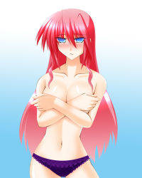 Rule 34 | 1girl, blue eyes, blush, breasts, covering privates, covering breasts, engo (aquawatery), hair down, highres, large breasts, long hair, lyrical nanoha, mahou shoujo lyrical nanoha, mahou shoujo lyrical nanoha a&#039;s, panties, panties only, pink hair, purple panties, signum, solo, topless, underwear, underwear only