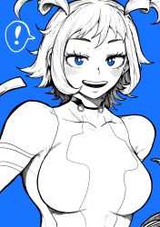 Rule 34 | !, 1girl, absurdres, blue background, blue eyes, blush, bodysuit, boku no hero academia, breasts, greyscale with colored background, hadou nejire, half-closed eyes, highres, looking at viewer, medium breasts, official alternate hairstyle, open mouth, short hair, sidelocks, simple background, solo, spot color, superhero costume, teeth, upper body, upper teeth only, yotsumi shiro