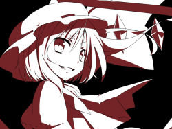 Rule 34 | 1girl, bad id, bad pixiv id, black background, embodiment of scarlet devil, face, female focus, flandre scarlet, grin, hair between eyes, hat, looking back, monochrome, muranisaki, red theme, short hair, smile, solo, touhou