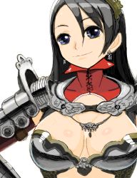 Rule 34 | 1girl, armor, bad link, black hair, blue eyes, breasts, cleavage, copyright request, earrings, huge breasts, jewelry, large breasts, long hair, nagasawa shin, smile, solo