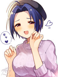 Rule 34 | 1girl, ahoge, beret, black hat, blue hair, blush, breasts, forehead, half-closed eyes, hat, heart, highres, idolmaster, idolmaster (classic), idolmaster million live!, large breasts, looking at viewer, miura azusa, mmmakaron888, purple sweater, red eyes, short hair, simple background, smile, solo, speech bubble, sweater, upper body, white background