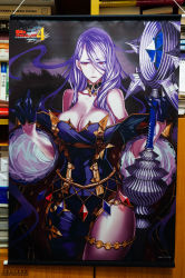 Rule 34 | 1girl, asymmetrical clothes, bare shoulders, breasts, cape, cleavage, closed mouth, crymaria levin, detached collar, dress, eyes visible through hair, facing viewer, fur cape, gloves, highres, holding, holding lance, holding polearm, holding weapon, honjou raita, jewelry, lance, large breasts, long hair, looking at viewer, pale skin, photo (medium), polearm, poster (medium), purple dress, purple gloves, purple hair, red eyes, senjou no valkyria (series), senjou no valkyria 4, solo, strapless, thigh strap, thighs, weapon, wide sleeves