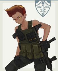 Rule 34 | 1girl, absurdres, assault rifle, bare arms, black gloves, black pants, brown hair, bulletproof vest, finger on trigger, gloves, gun, handgun, highres, holding, holding gun, holding weapon, holster, knee up, leaning forward, looking at viewer, military, military uniform, orange eyes, original, pants, polilla, pouch, rifle, scar, scar on face, scope, short hair, solo, uniform, weapon