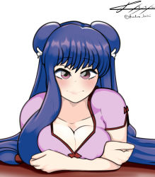 Rule 34 | 1girl, absurdres, breast press, breasts, clothes, female focus, highres, long hair, medium breasts, purple eyes, purple hair, ranma 1/2, shampoo (ranma 1/2), simple background, smile, solo, t-mimi, white background