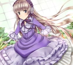 Rule 34 | 1girl, absurdres, bad id, bad pixiv id, blonde hair, blunt bangs, chin strap, dress, dutch angle, frills, gosick, green eyes, greenhouse, hairband, highres, hisaori riko, lolita fashion, long hair, long sleeves, looking at viewer, outstretched arms, ribbon, solo, standing, tooda riko, tsurime, very long hair, victorica de blois