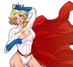Rule 34 | 1girl, arm up, belt, blonde hair, blue eyes, blue gloves, bodysuit, breasts, cape, cleavage, cleavage cutout, clothing cutout, dc comics, female focus, gloves, kikisuke t, kryptonian, large breasts, power girl, red cape, short hair, solo