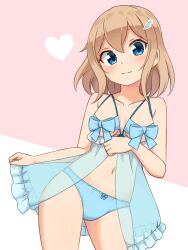 Rule 34 | 1girl, aona (shiraha maru), blue background, blue eyes, blue panties, blush, bow, bow panties, breasts, closed mouth, commentary request, cowboy shot, hair ornament, hairclip, heart, highres, light brown hair, lingerie, looking at viewer, medium breasts, navel, original, panties, partial commentary, pink background, shiraha maru, short hair, smile, solo, standing, underwear, underwear only
