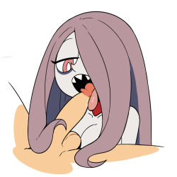 Rule 34 | 1boy, 1girl, breasts, fellatio, hetero, highres, licking, little witch academia, long hair, miscon, nude, open mouth, oral, penis, pink eyes, purple hair, sharp teeth, sucy manbavaran, teeth, testicles, tongue, uncensored