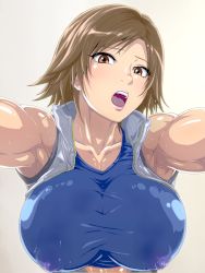 Rule 34 | 1girl, armpits, bare shoulders, blue sports bra, blush, breasts, brown hair, center opening, covered erect nipples, from below, highres, huge breasts, jacket, jumpsuit, kazama asuka, lips, looking at viewer, open clothes, open jacket, open mouth, orange eyes, pink lips, puffy areolae, puffy nipples, raburebo, shiny clothes, short hair, simple background, solo, sports bra, sweat, tekken, unzipped, upper body, waguchi shouka