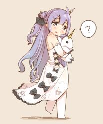 Rule 34 | 1girl, ?, ahoge, azur lane, bare shoulders, black ribbon, blue hairband, brown background, commentary request, detached sleeves, dress, from side, gradient hair, hair bun, hair ribbon, hairband, highres, hugging object, long sleeves, looking at viewer, looking to the side, multicolored hair, no shoes, one side up, purple eyes, purple hair, ribbon, see-through, shadow, simple background, single side bun, sleeveless, sleeveless dress, solo, spoken question mark, stuffed winged unicorn, thighhighs, unicorn (azur lane), walking, white dress, white sleeves, white thighhighs, yukie (kusaka shi)