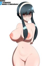 Rule 34 | 1girl, absurdres, angry, arms behind back, artist name, black hair, breasts, cleft of venus, clenched teeth, collarbone, completely nude, hairband, highres, kaisz, large breasts, navel, nipples, nude, pussy, red eyes, shaded face, sidelocks, simple background, spy x family, stomach, teeth, thick thighs, thighs, white background, white hairband, wide hips, yor briar