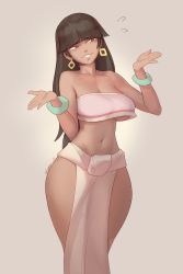 Rule 34 | 1girl, bare arms, bare shoulders, blunt bangs, breasts, brown hair, chel (the road to el dorado), collarbone, earrings, feet out of frame, flying sweatdrops, furrowed brow, gaken if, grin, hands up, highres, jewelry, large breasts, loincloth, long hair, looking to the side, midriff, navel, nervous smile, red eyes, smile, solo, standing, stomach, strapless, tan, the road to el dorado, tube top, twitter username, underboob, very long hair, wide hips